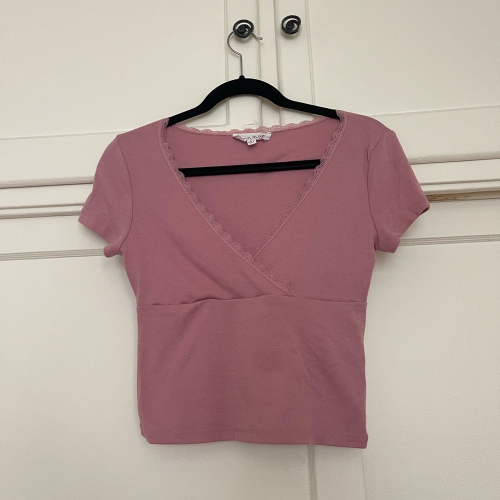 Pink Rose Mauve Wrap Crop Top with Lace Trim
